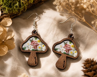 Mushroom Dangle Earrings|Woodland Cottagecore Jewelry|Fairycore Forest Earrings|Wooden Mushroom Earrings|Nature Lover Gift|Boho Forest Style