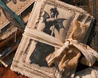 Witchy A6 Fabric Journal with Distressed Patchwork Cover and Ribbon Tie
