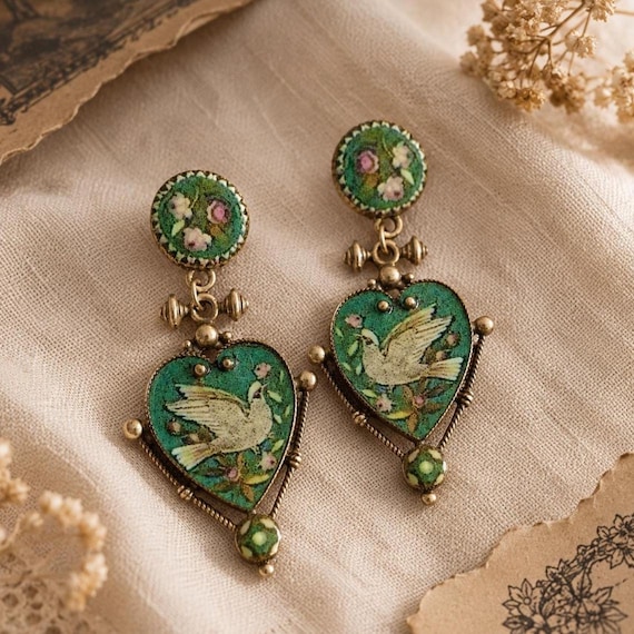 Vintage Dove Heart Drop Earrings, Green Bird Statement Earrings, Romantic Cottagecore Jewelry