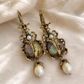 Beetle Earrings, Iridescent Shell and Baroque Pearl Dangles, Victorian Gothic Insect Jewelry product logo