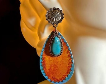 Western Turquoise Style Earrings, Orange Teardrop Dangle Earrings, Boho Cowgirl Jewelry, Southwestern Rodeo Gift