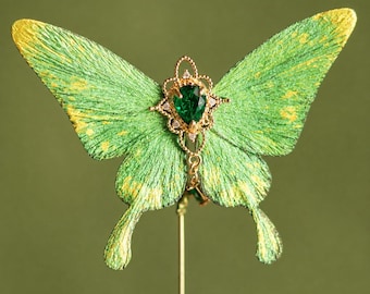 Mulberry Silk Butterfly Brooch, Handmade Green Silk Butterfly Pin, Nature Inspired Artisan Jewelry, Rare Textile Gift for Her, Wearable Art
