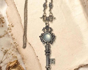 Vintage Inspired Key Pendant Necklace, Rose Chain Bow, Antiqued Silver Tone