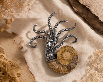 Ammonite Fossil Octopus Brooch, Silver-Tone Ocean Statement Pin, Nautilus Shell Brooch,  Vintage Statement Brooch Gift