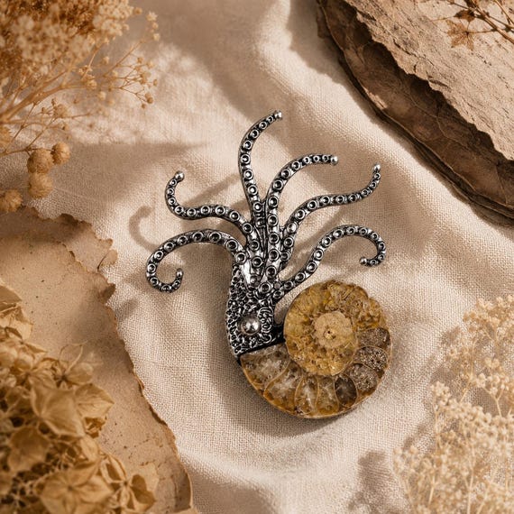 Ammonite Fossil Octopus Brooch, Silver-Tone Ocean Statement Pin, Nautilus Shell Brooch,  Vintage Statement Brooch Gift
