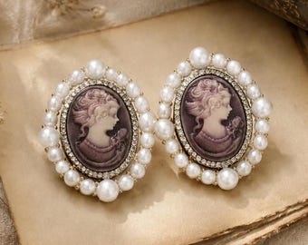 Cameo Portrait Earrings, Pearl-Like Baroque Statement Studs, Victorian Inspired Jewelry