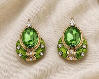 Green Oval Statement Earrings, Vintage Inspired Gold Tone Studs, 925 Silver Posts, Faceted Green Center, Clear Stone Accents, Retro Jewelry