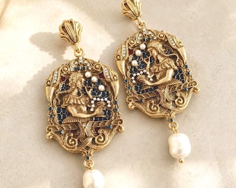 Art Nouveau Portrait Earrings, Antique Gold Muse Dangles with Pearl Drop, Victorian Statement Jewelry