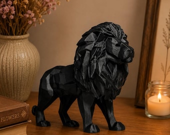 3D Printed Black Lion, Low Poly Minimalist Desk Ornament, Gothic Shelf Decor, Leo Zodiac Gift