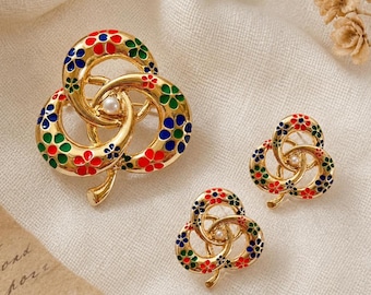 Colorful Floral Jewelry Set, Gold Tone Brooch & Stud Earrings, Pearl-Like Center, 925 Silver Posts, Romantic Vintage Inspired Matching Set