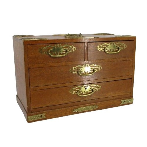 Vintage Japanese Tansu Chest 4 Drawer Jewelry Box Ornate Brass Details and Pulls