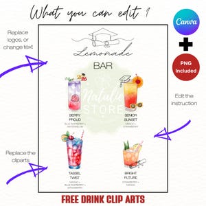 Editable Graduation Lemonade Bar Menu Sign Template Class of 2026 Drink Station Decor 4 drinks Canva Template Grad Party ideas Printable