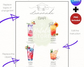 Editable Graduation Lemonade Bar Menu Sign Template Class of 2026 Drink Station Decor 4 drinks Canva Template Grad Party ideas Printable