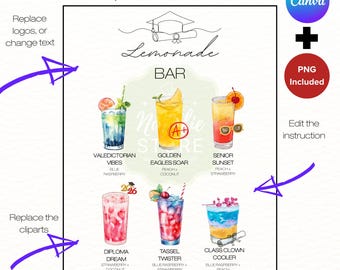 Editable Graduation Lemonade Bar Menu Sign Template Class of 2026 Drink Station Decor (Digital Download) Canva Template Grad Party Printable