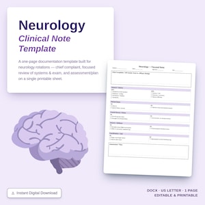 Peut inclure: Un modèle de note clinique de neurologie avec une illustration de cerveau violet et un document imprimable d'une page comprenant des sections pour la plainte principale, l'historique, l'état mental, les nerfs crâniens, la motricité et l'évaluation.