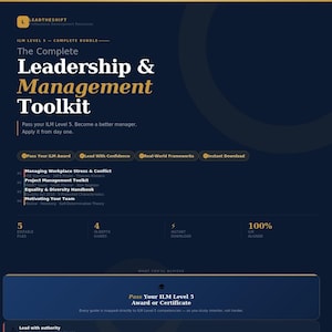 Puede incluir: Un gráfico azul marino con el texto "The Complete Leadership & Management Toolkit". El kit de herramientas incluye guías, archivos editables y descargas instantáneas. Está diseñado para ayudar a los usuarios a aprobar su ILM Nivel 5.