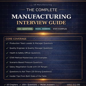 Könnte beinhalten: Ein dunkelblaues E-Book-Cover mit dem Titel "The Complete Manufacturing Interview Guide". Es zeigt "150+ Fragen", "Model Answers" und "Star Examples". Der Leitfaden behandelt Fragen zu Vorstellungsgesprächen und Gehaltsverhandlungen.