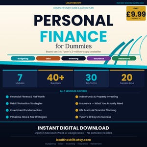 May include: A digital download titled "Personal Finance for Dummies" with a study guide and action plan. The cover features text in blue and teal, with sections on budgeting, debt, investing, insurance, and retirement. Includes 7 modules, 40+ questions, and 30 key terms.