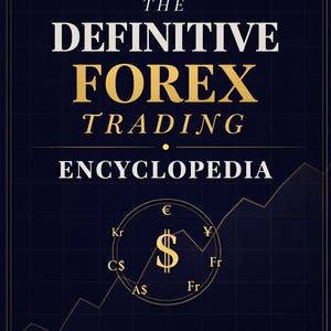 Può includere: Copertina di un libro con il titolo "The Definitive Forex Trading Encyclopedia" in lettere dorate su sfondo blu scuro. La copertina include simboli di valuta e un grafico a linee, con testo in alto e in basso.