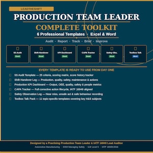 May include: A teal and gold graphic with the text "PRODUCTION TEAM LEADER COMPLETE TOOLKIT" and "6 Professional Templates". Includes templates for audit, report, track, brief, and improve. Templates are ready to use from day one.