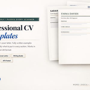Puede incluir: Plantillas de currículum vitae profesionales con el texto "Professional CV Templates". La imagen muestra una pila de plantillas de currículum con los nombres "Sarah", "Emma Davies" y "James" visibles. La plantilla incluye 5 estilos de currículum, una carta de presentación y una guía de escritura.