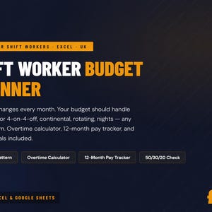 以下が含まれることがあります： シフトワーカー向けのデジタルプランナーで、タイトルは太字の黄色で「SHIFT WORKER BUDGET PLANNER」と表示されています。残業計算機や12ヶ月の給与トラッカーなどの機能があります。価格は英国ポンドで表示されています。