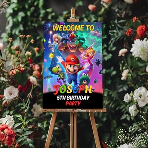 Super Mario Galaxy birthday welcome banner mockup with greyish background and wooden floor.