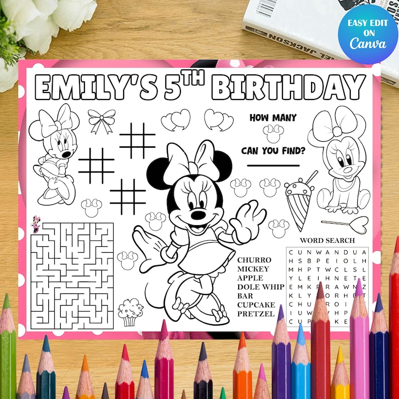 Minnie Mouse Placemat Sheet/Coloring sheet Mockup on the wooden floor colorful pencils at the bottom includes word search, maze game and tic tac toe game, canva edit.