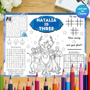 Frozen Placemat Princess Elsa Birthday Coloring Page Kids Activity Sheet Princess Anna Theme Party Favor Olaf Printable placemat Worksheet