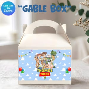 Toy Story Birthday Party favor gable box mockup with transparent type background and gable box are placed on the page.