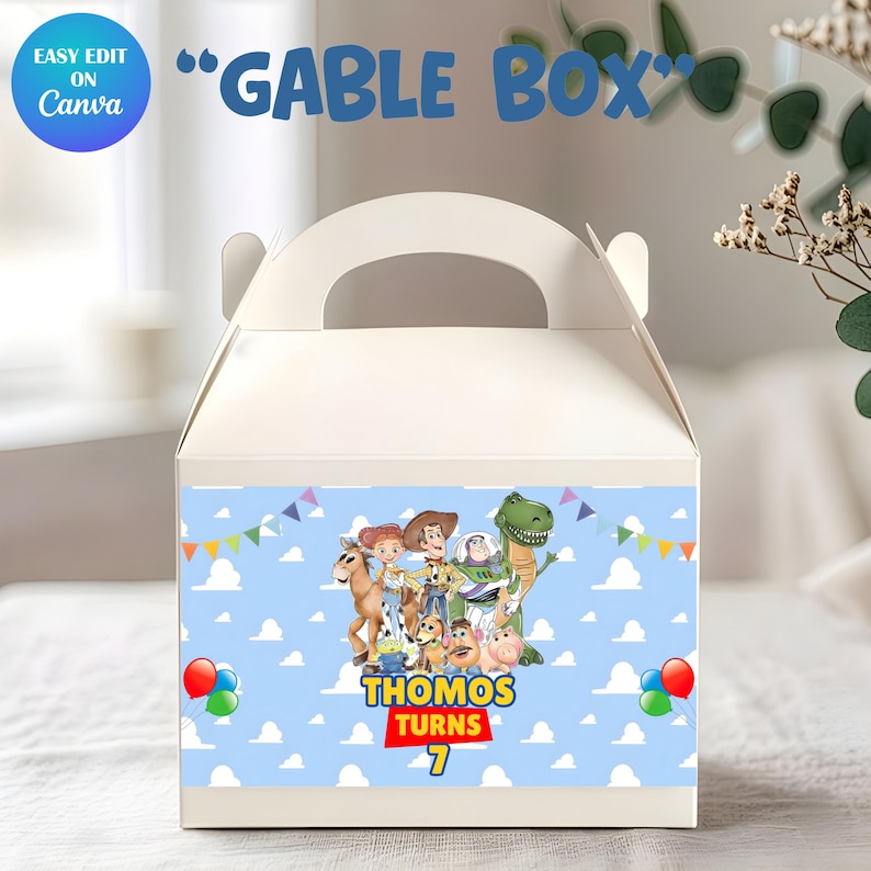 Toy Story Birthday Party favor gable box mockup with transparent type background and gable box are placed on the page.