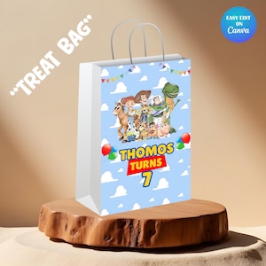 Toy Story Birthday Party favor Treat Bag mockup with brown background and Treat Bag are placed on the page.