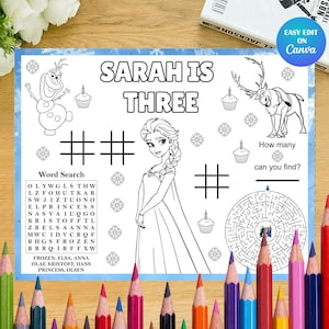 May include: A coloring page with the text "SARAH IS THREE" and illustrations of characters from the movie Frozen. Includes a word search, tic-tac-toe, a maze, and the text "How many can you find?" with a space to write the answer. Colored pencils are in the foreground.