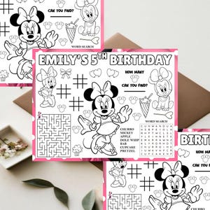 Minnie Mouse Placemat Sheet/Coloring sheet Mockup on the white and brown floor with three placemats includes word search, maze game and tic tac toe game canva edit.