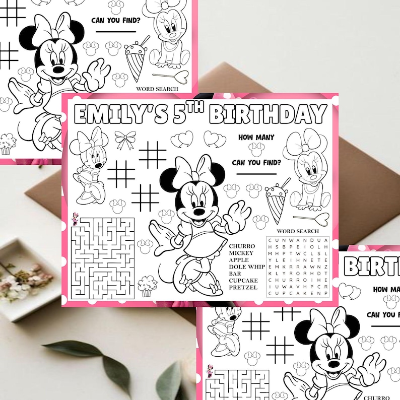 Minnie Mouse Placemat Sheet/Coloring sheet Mockup on the white and brown floor with three placemats includes word search, maze game and tic tac toe game canva edit.