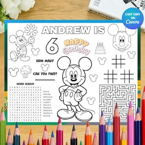 May include: A black and white Mickey Mouse themed coloring placemat with the text "Andrew is 6 Happy Birthday". Includes a word search, maze, and other activities. A set of colored pencils are in the foreground.