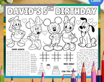 Mickey Mouse Clubhouse Geburtstags-Tischset Aktivitätsblatt (bearbeitbarer Canva-Download)