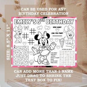 Minnie Mouse Placemat Sheet/Coloring sheet Mockup on the brown background colorful includes word search, maze game and tic tac toe game, editing guide, canva edit.