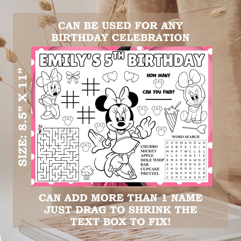 Minnie Mouse Placemat Sheet/Coloring sheet Mockup on the brown background colorful includes word search, maze game and tic tac toe game, editing guide, canva edit.