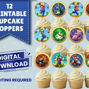 May include: A dozen cupcakes topped with circular toppers featuring Super Mario characters. The toppers are on cupcakes with white frosting. Text on the image reads "12 Printable Cupcake Toppers", "Digital Download", and "No Editing Required".
