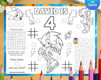 Sonic Platzset Malseiten Aktivitätsblatt Kinder Übungsspiel Sonic Hedgehog Theme Party Favors Druckbares Gaming Tischset Blatt