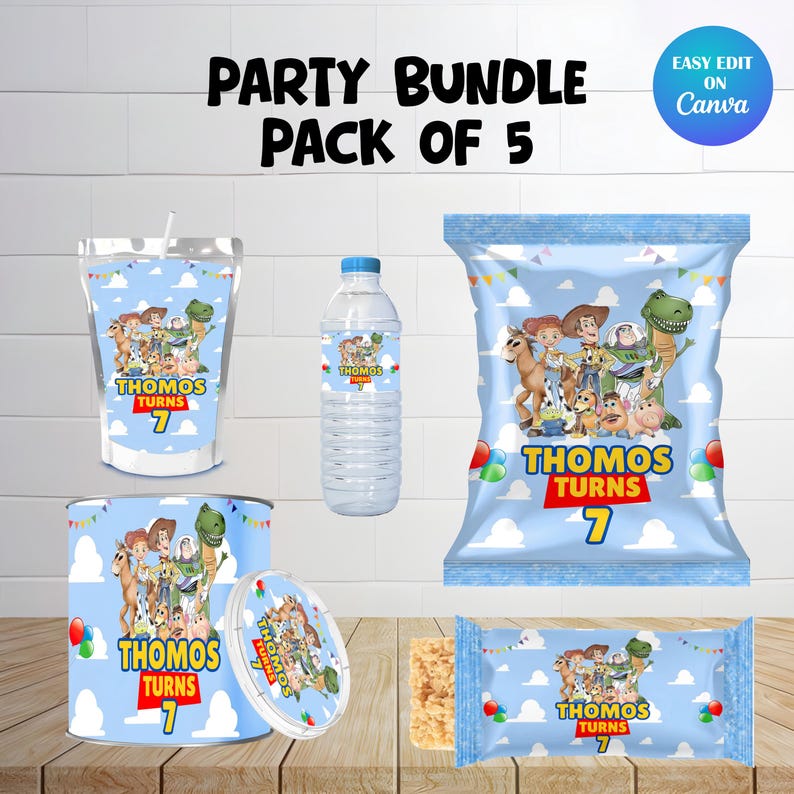 Toy Story Birthday Party favor bundle mockup with white background and all the items of party favors are placed on their.