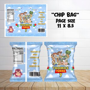 Toy Story Birthday Party favor Chip bag mockup with white background with chip bag front and bag mockup and page of the chip bag.