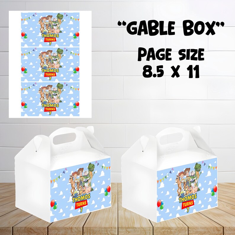 Toy Story Birthday Party favor rice krispy mockup with white background with gable box mockup and page of the gable box.