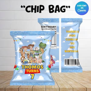 Toy Story Birthday Party favor Chip bag mockup with white background and chip bag front ang back are placed on the page.