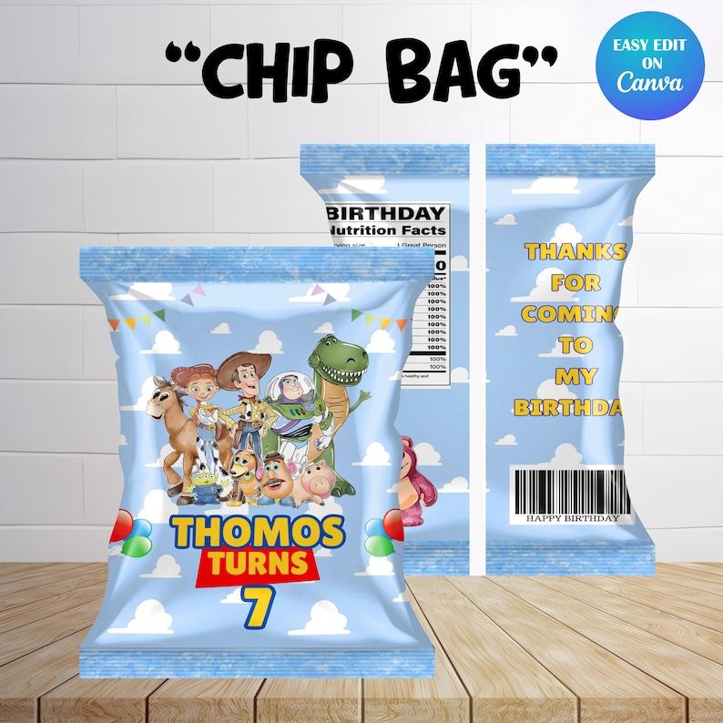 Toy Story Birthday Party favor Chip bag mockup with white background and chip bag front ang back are placed on the page.