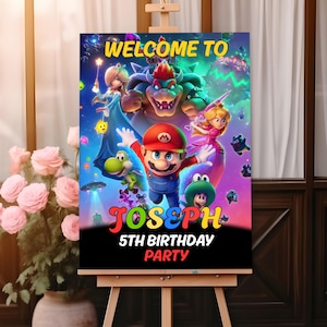 Super Mario Galaxy birthday welcome banner Mockup on the wooden window background, vas with flowers is placed left side of the page and on the right top canva edit logo is here.