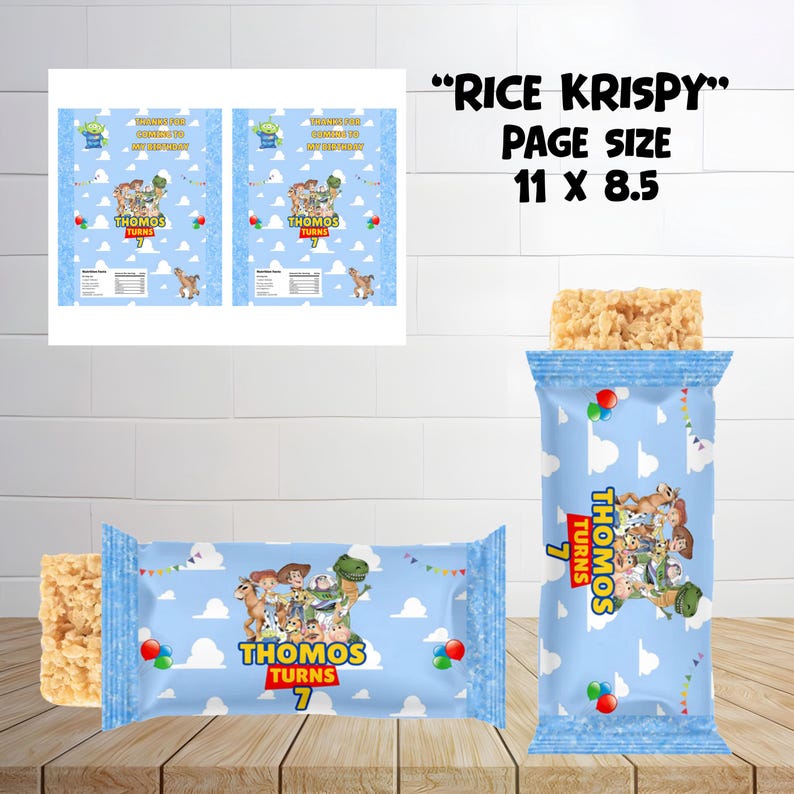 Toy Story Birthday Party favor bundle mockup with white background with rice krispy mockup and page.