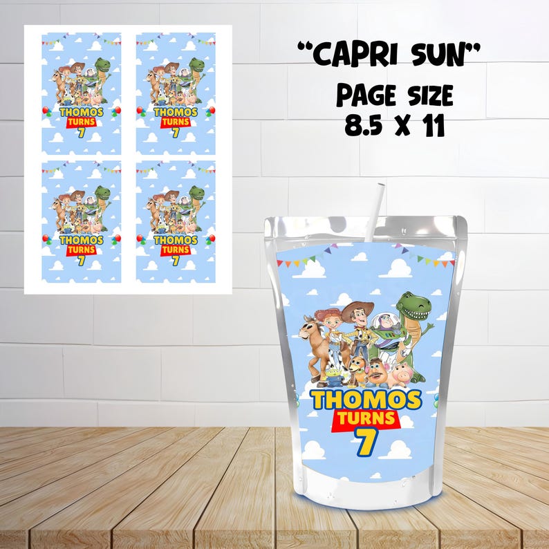 Toy Story Birthday Party favor bundle mockup with white background with capri sun mockup and page.