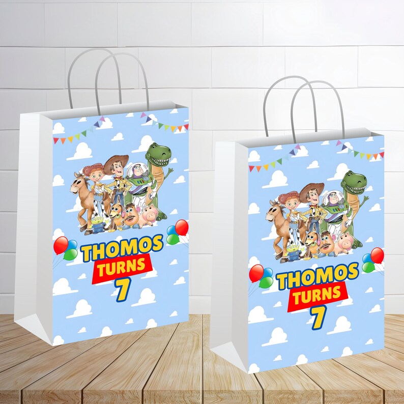 Toy Story Birthday Party favor Treat Bag mockup with white background and two Treat Bags are placed on the page.